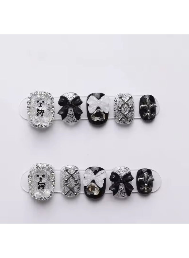 Goolsky Sheer Lace Bear Nail Art Patches Dark Lolita Handmade Wearable Nails Removable Bow Diamond Glitter Sweet Cool Fake Nails - Image 1